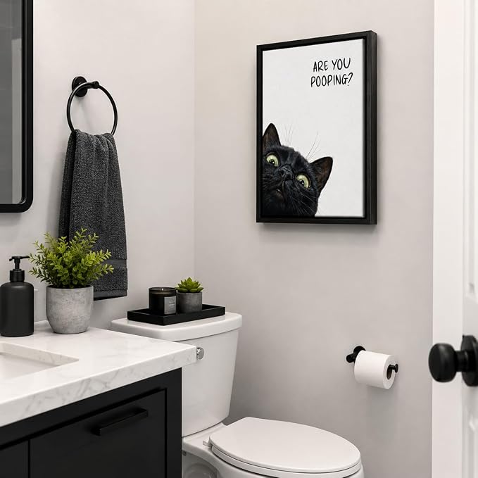 Framed Funny Bathroom Wall Art, Black Cat Are You Pooping Canvas Print, Minimalist Black and White Humor Bathroom Animal Decor for Restroom Toilet 12x16in
