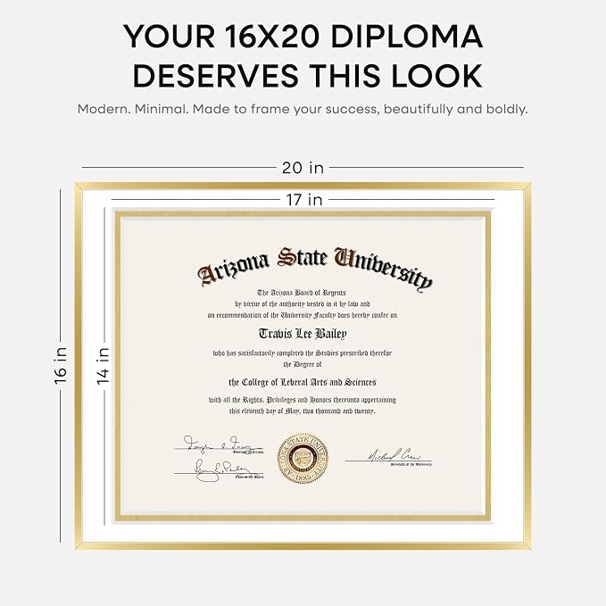 Homeforia 16x20 Gold Diploma Frame, High-End Metal, 14x17 Mat, Glass