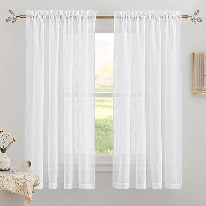 RYB HOME White Textured Semi Sheer Curtains 63 inches Long for Bedroom | Privacy, Light Filtering, Loose Weave, for Living Room Bathroom Window Decor, W34 x L63, 1 Pair