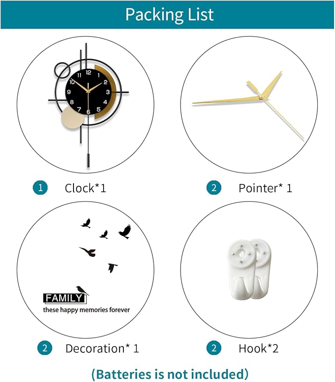 Wall Clock for Living Room Decor Modern Clock Pendulum Silent | Quartz Battery Operated Black Metal Decorative Large Clock for Dining Room,Kitchen,Home,Bathroom,Bedroom, Analog 13.8x21.3 in