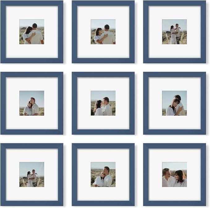 YESKAY 8x8 Picture Frame Set of 9, Photo Gallery Wall Frame Set, Display Pictures 4x4 with Mat or 8 x 8 Without Mat, Square Frame Picture Frames Collage Wall Decor, Blue