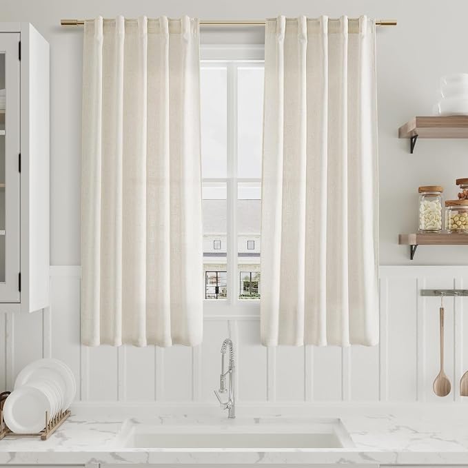 60 Inch Length Linen Curtains Cream Semi Sheer Light Filtering Back Tab and Rod Pocket Neutral Curtains for Bedroom Living Room 34 x 60 Inch,2 Panels