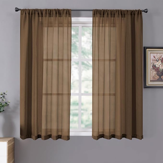 Tollpiz Short Sheer Curtain Living Room Linen Textured Curtains Sheer Light Filtering Voile Rod Pocket Curtain for Bedroom, 38 x 54 inches Long, Brown, Set of 2 Panels