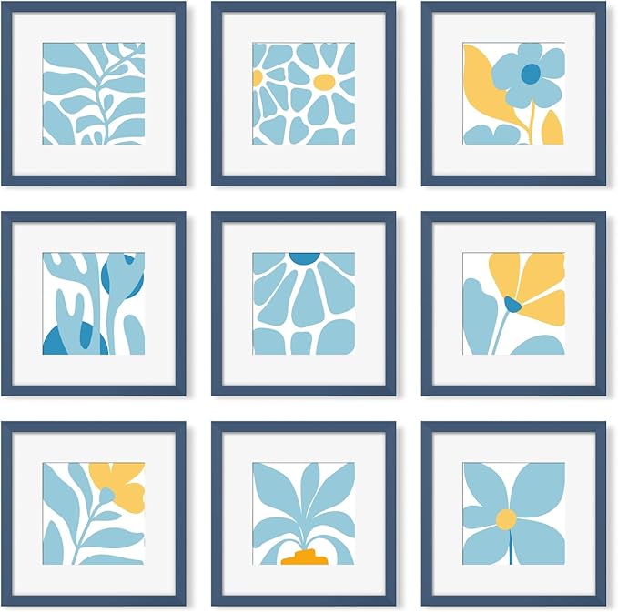 YESKAY 12x12 Picture Frame Set of 9, Photo Gallery Wall Frame Set, Display Pictures 8x8 with Mat or 12 x 12 Without Mat, Square Frame Picture Frames Collage Wall Decor, Blue