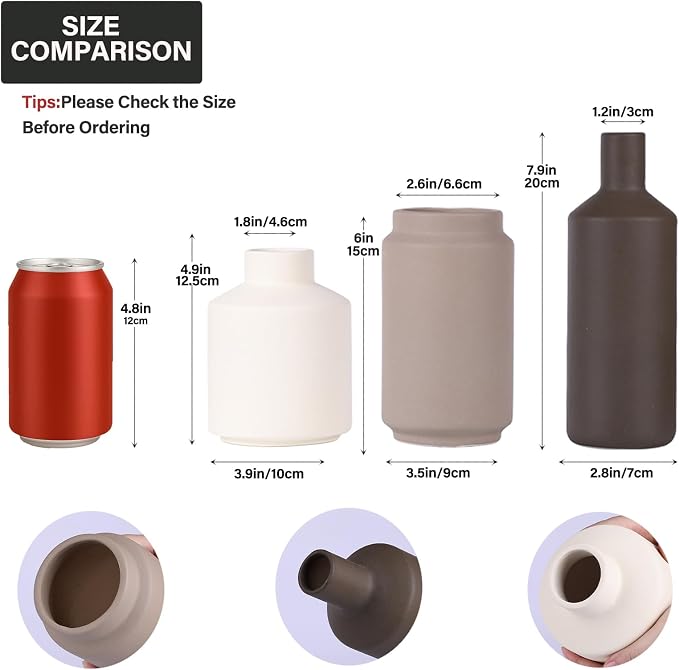 Neutral Ceramic Vase Set of 3 – Modern Decorative Vases, Small Flower Pottery Vase Sets, Boho Farmhouse Rustic Vases for Living Room, Kitchen, Bedroom, Bathroom, Shelf, Table