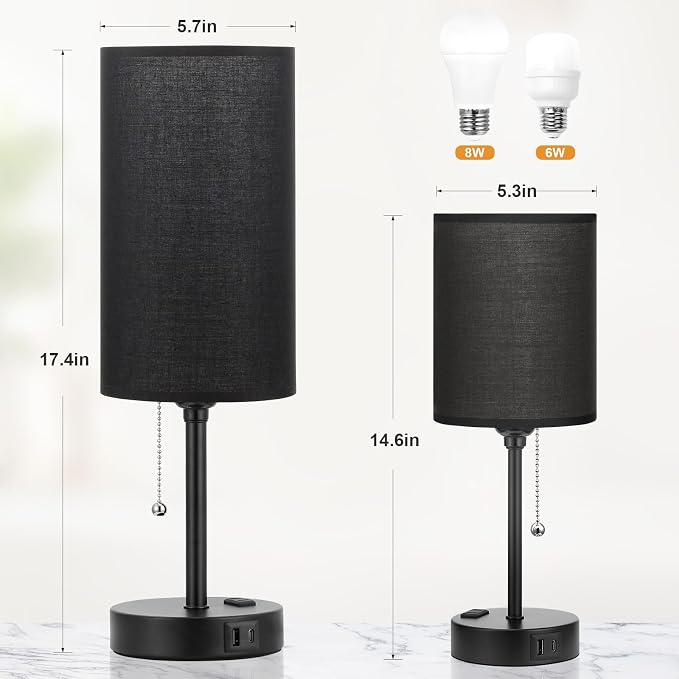 17in Bedside Table Lamp for Bedroom, Desk Lamp with USB Ports for Dorm