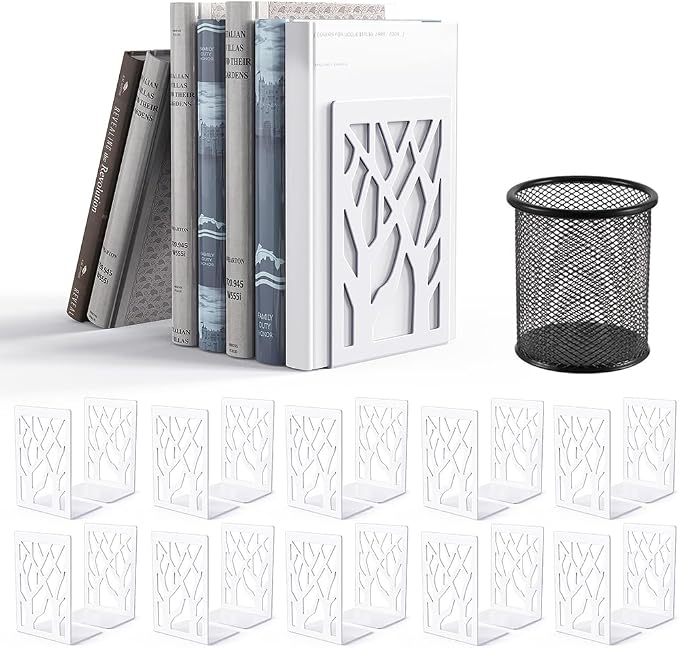 Book Ends-Metal Book End Supports for Bookrack Desk (White, 10 Pair)