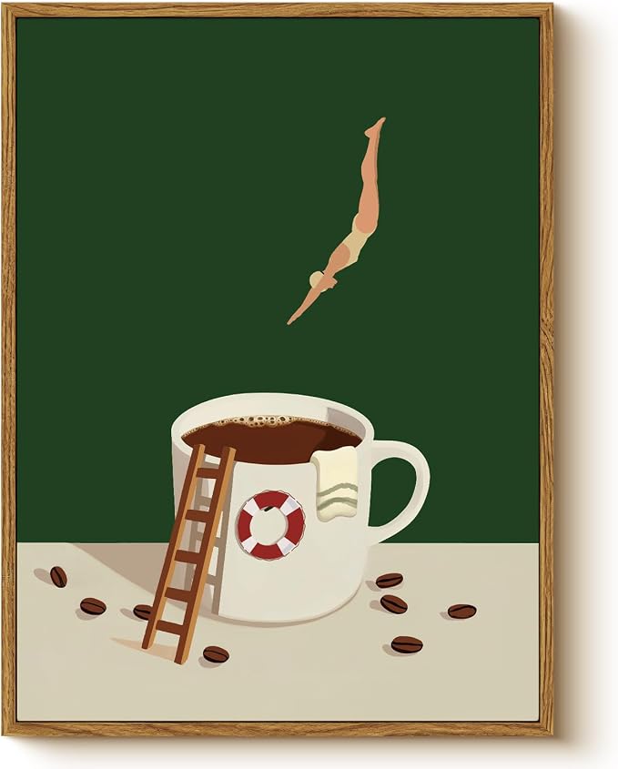 Humorous Swimming Diver Jumping into Coffee Cup Illustration Framed Wall Art, Whimsical Kitchen Decor 12x16 Inch Canvas Print, Funny Cafe Dining Room Office Bathroom Modern Artwork