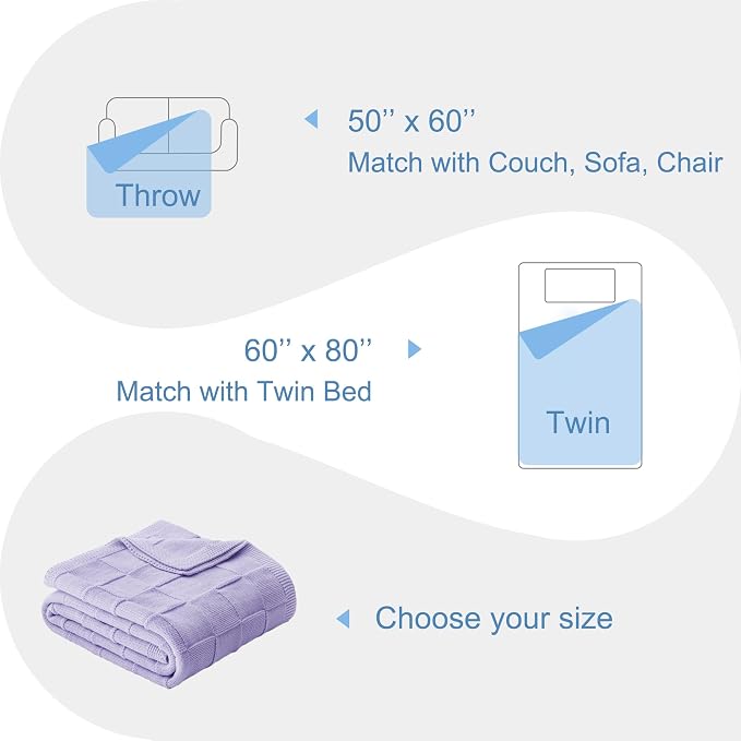 Whale Flotilla Checkered Knit Throw Blanket for Couch, Light Purple | Soft Decorative Knitted Blankets for Couch Sofa Bed, Lightweight Cozy Throws for Spring Summer, 60x80 Inch