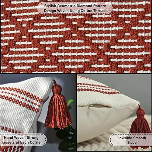 Geometric Checkered Pattern Throw Pillow Covers with Boho Tassels Rust Brown18x18 inch -Set of 2 / Decorative Cushion Covers for Couch Sofa Indoor Outdoor/Farmhouse Woven Pillow Cases