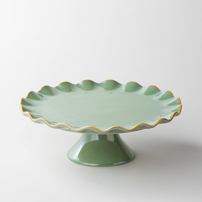 Cake Stand Ceramic, Small Cake Pedestal Stand for 8 Inch Cake, Teal | Vintage Dessert Stand with Ruffle Trim for Birthday, Decorative Pedestal Cake Plate Cupcake Stand for Tea Party