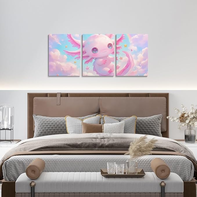 Feelyou Kids Cute Axolotl Picture Wall Decor Galaxy Cloud Wall Painting Posters and Prints Boys Girls Cartoon Animal Canvas Wall Art for Living Room Bedroom Rainbow Bathroom Wall Art 12"x16"x 3Pcs