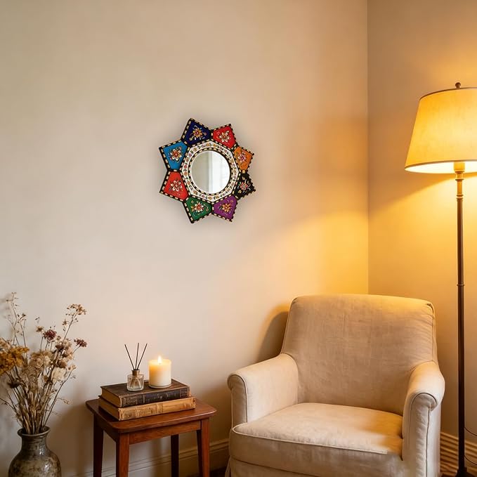 Starburst Decorative Wall Mirror Colorful Boho Moroccan Small Accent Mirror | Multicolor Painted Wood Framed Shatterproof Acrylic Adhesive Mirror Round Ethnic Wall Art Mirror for Entryway Hallway Bedroom