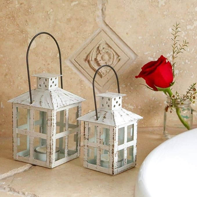 Kate Aspen Set of 6 White Vintage Distressed Rustic Candle Holder Decorative Lantern (6 Inch), Wedding Decoration, Centerpiece, Farmhouse Decor, Shelf Decor