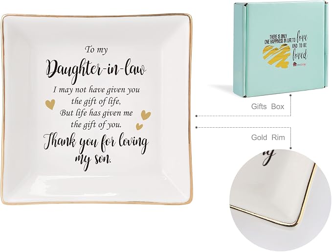 HOME SMILE Mothers Day Gifts for Daughter in Law Ceramic Ring Jewelry Dish Tray Plate for Birthday Christmas Valentines Wedding-Thank You for Loving My Son