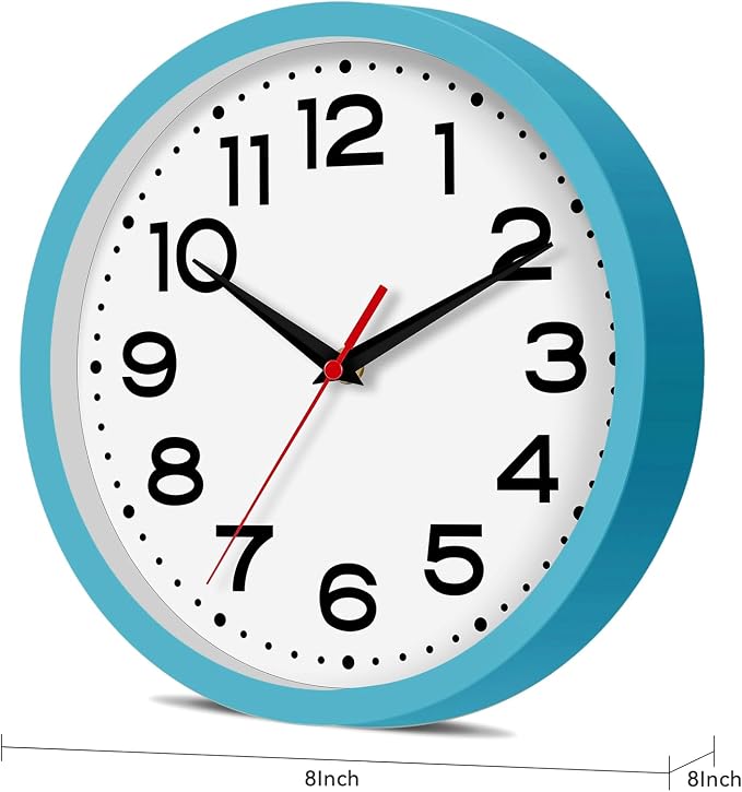 Roymnie 8 Inch Small Wall Clock, Battery Operated Silent Non Ticking Blue | analog wall clock; bold numerals for easy reading; silent non-ticking; 1 AA battery (not included); for classroom