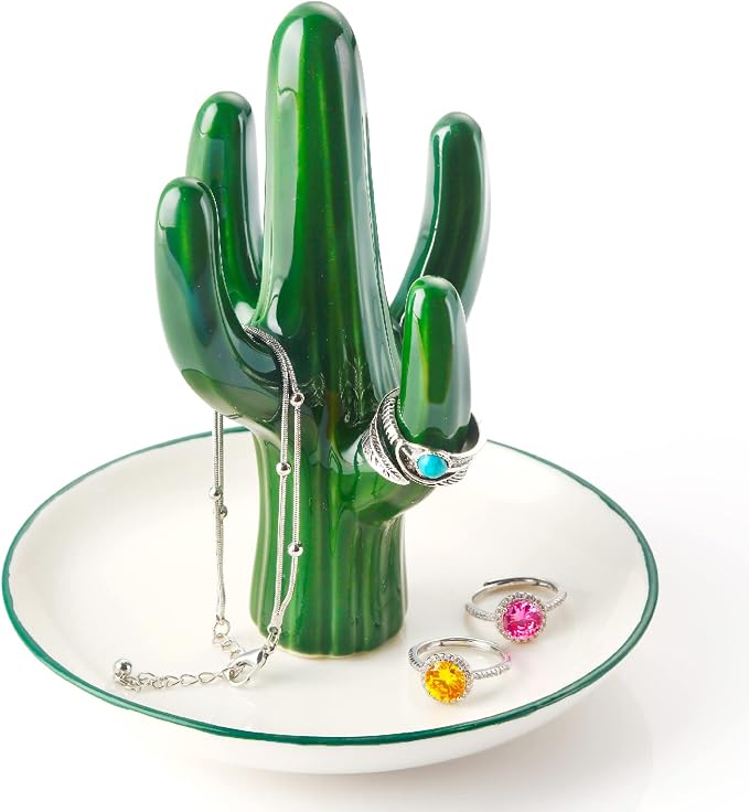 PUDDING CABIN Cactus Ring Holder Green Jewelry Dish for Rings Earrings Bracelets Necklace Organizer, Cactus Gift for Women Birthday Wedding Graduation Christmas Valentines, Room Decor Aesthetic