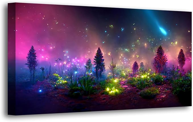 Fantastic Starry light Canvas Wall Art for Living room Office Bedroom Purple Dream Wall Art Print Paintings Modern Forest Fog Pictures Wall Decor Artwork Waterproof Ready to Hang - 28in * 57inch