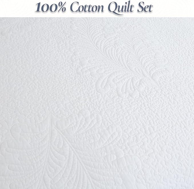 Cozy Line Home Fashions White Cotton Quilt Set Queen – 3-Piece Quilted Botanical Stitch Bedspread with Shams, Elegant All Season Bedding