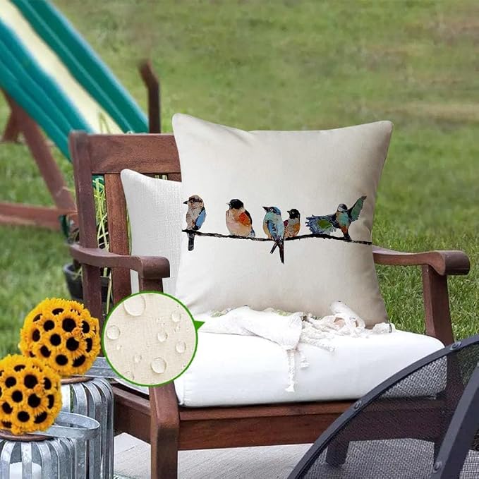 RABUSOFA Outdoor Pillow Covers 24x24 Inch,Outdoor Bird Lumbar Throw Pillow Cases Small Decorative Pillows for Couch Patio Furniture Polyester Linen Teal Blue Waterproof