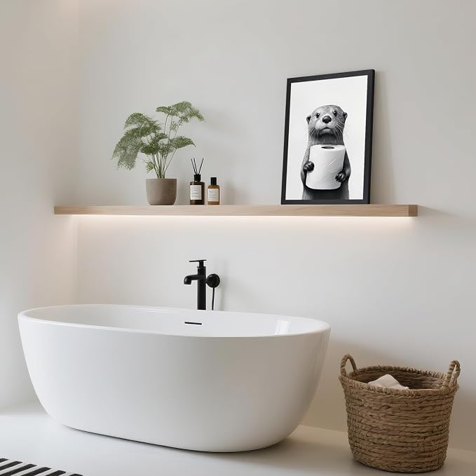 LLEEMPI Funny Otter Toilet Paper Bathroom Wall Art,16x24 Wood Framed Print | Black and white minimalist otter decor for bathroom, restroom or hallway; a funny housewarming gift for animal lovers.