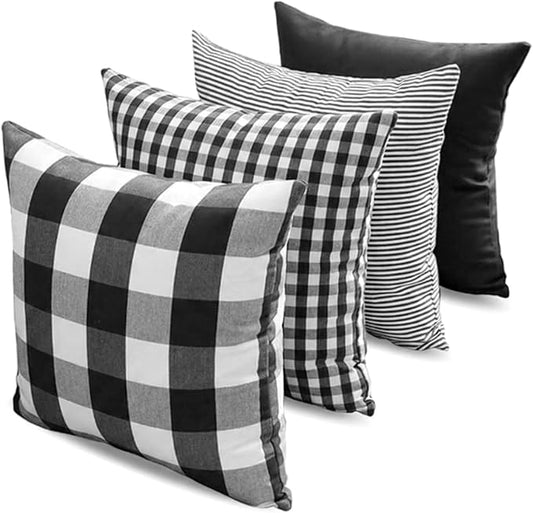 Black and White Buffalo Check Plaid Throw Pillow Covers 18x18 Set of 4 | Soft Black Couch Sofa Pillow Covers 18 x 18, Black and White Plaid Christmas Pillow Covers Set of 4, Outdoor Porch Pillows