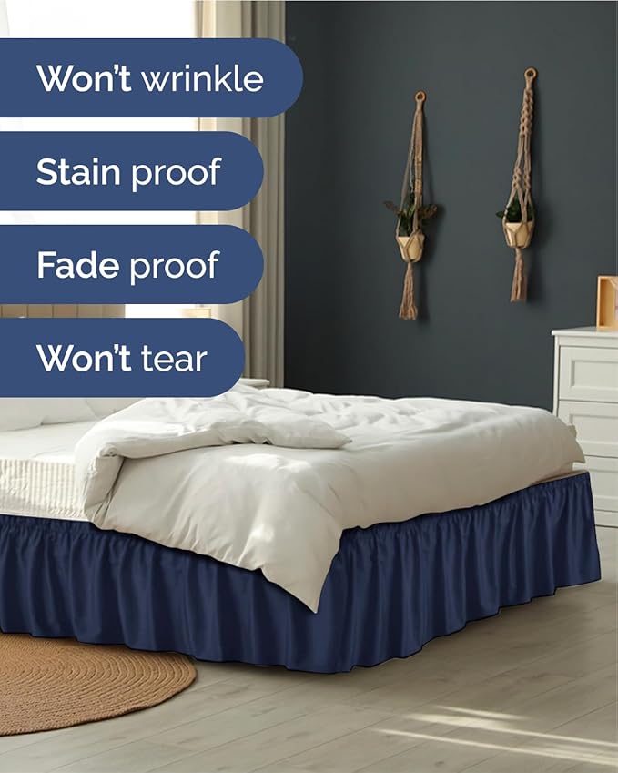 Wrap Around Dust Ruffle Bed Skirt, Queen Size - 15 Inch Drop, Navy Blue | Easy Fit Elastic Strap, Adjustable Pleated Bedskirt w/Brushed Fabric, Wrinkle & Fade Free, for Women, Men, Kids & Teens