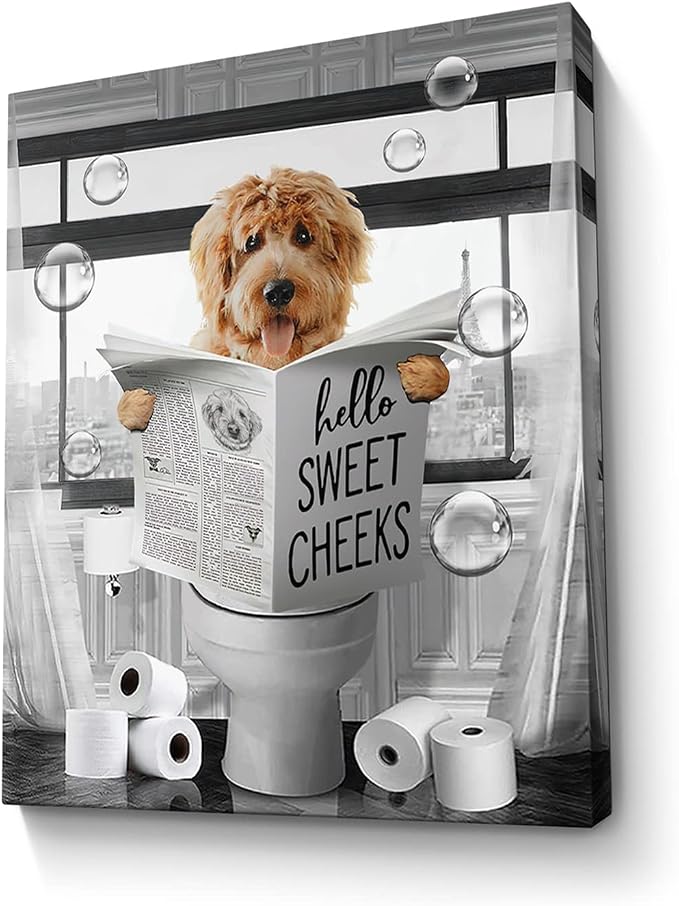 Funny Black and White Dog Wall Art - Farmhouse Bathroom Animals Wall Decor - Dog Sitting in Toilet Reading Newspaper Painting - Framed Artwork 12x16 inch