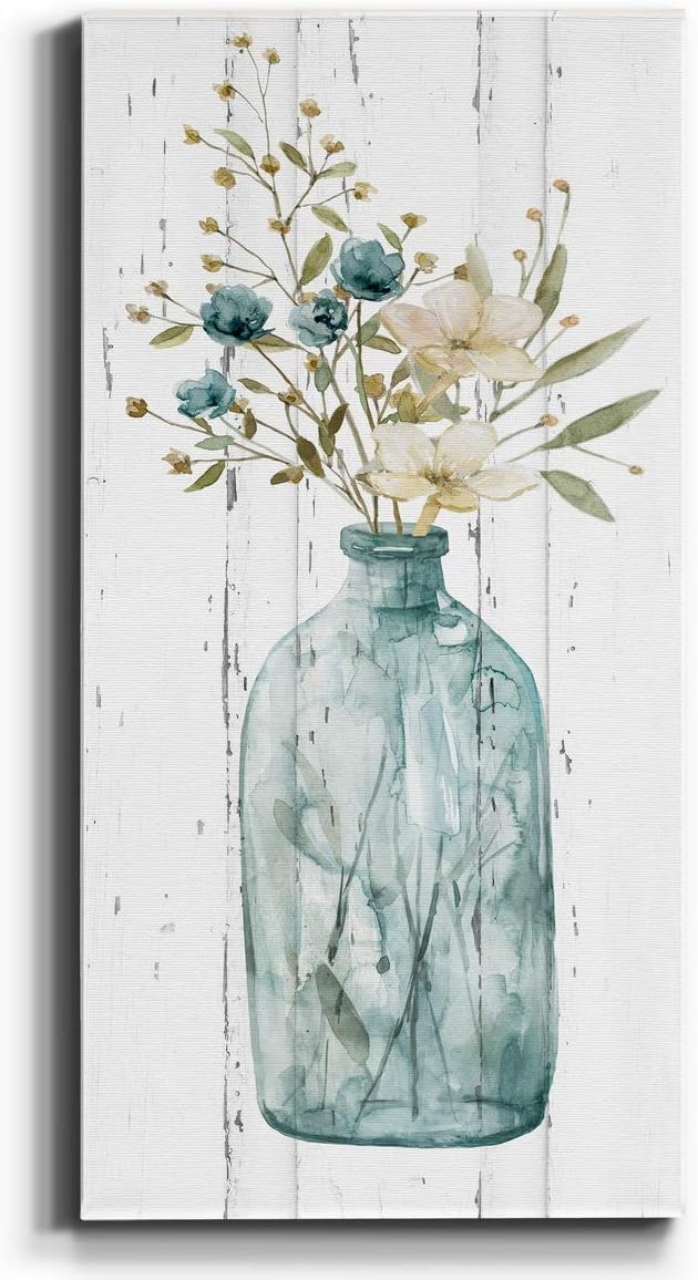 Renditions Gallery Canvas Flowers Wall Art Home Paintings & Prints Elegant Floral Vase Modern Romantic Botanical Bouquet Artwork Decorations for Office Bedroom Kitchen - 8"x16" LT43