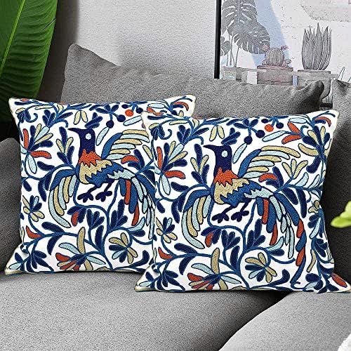 Alysheer Floral Embroidered Throw Pillow Cover 18"x 18" Set of 2, Blue Bird