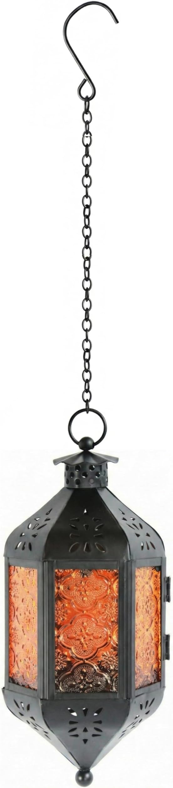 Vela Lanterns Hanging Moroccan Lamp - Exotic Decorative Patio & Porch Decor, Indoor Outdoor Tea Light Candle Lantern Holder with Chain (11" Medium, Amber Glass, 3-Pack)