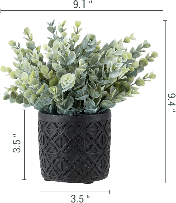 MyGift Black Artificial Eucalyptus Plant Gray Concrete Embossed Planter