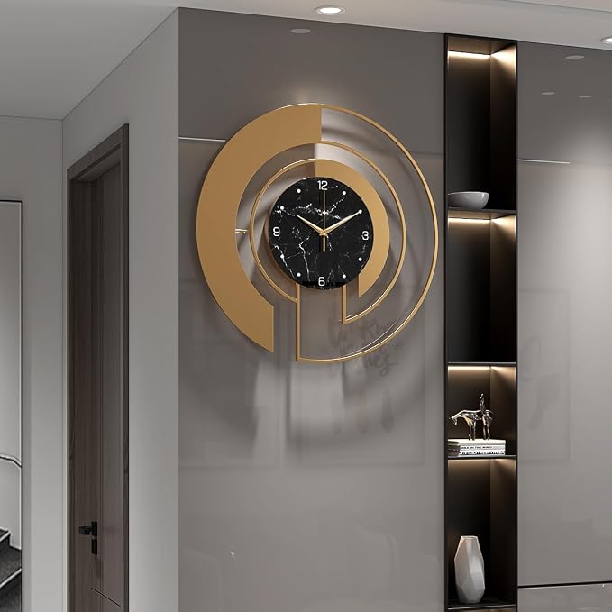 18-Inch Modern Large Metal Wall Clock, Marble-Patterned Tempered Glass Dial, Silent, Non Ticking, Battery Operated Gold Creative Clock, for Bedroom aqnd Living Room Home Wall Decoration