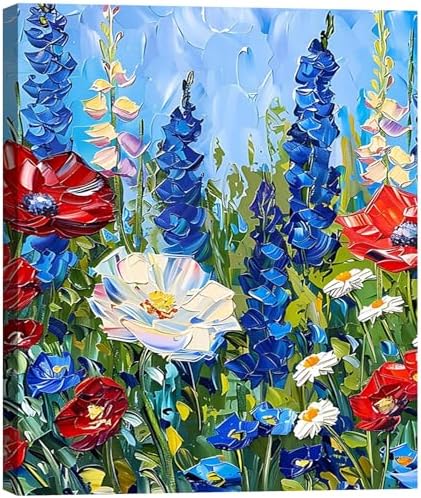 Made USA Framed Red White Blue Wildflower Wall Art, Retro Bedroom Kitchen Wall Decor Rustic 4th of July Independence Day Canvas Prints Artwork, Classic Patriotic Pictures Home Decor