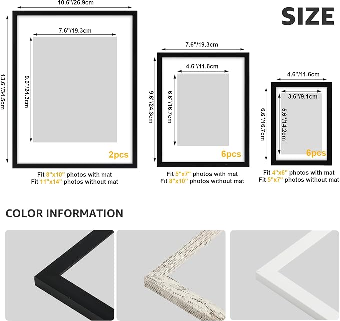 Giftgarden 14 Pack Mixed Color Picture Frames Set, 2pcs 11x14 Matted for 8x10, 6pcs 8x10 Matted for 5x7, 6pcs 5x7 Matted for 4x6, Gallery Frame Collage for Wall or Tabletop Display