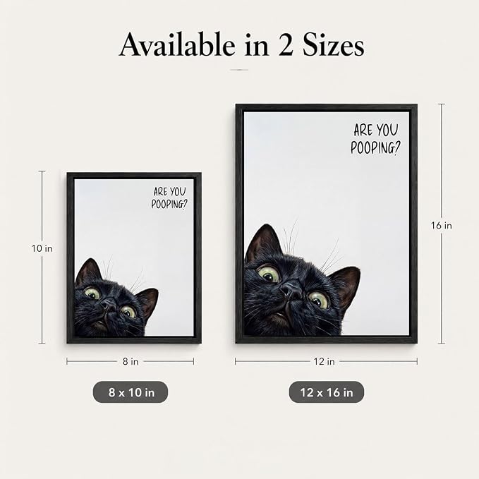 Framed Funny Bathroom Wall Art, Black Cat Are You Pooping Canvas Print, Minimalist Black and White Humor Bathroom Animal Decor for Restroom Toilet 12x16in