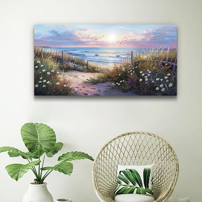 hyidecorart Canvas Wall Art For Living Room Wall DecorFor Bedroom Flower Beach Scenery Wall Painting Blue Ocean Pictures Artwork Office Decor Modern Framed Posters Home Decorations 20"X40"