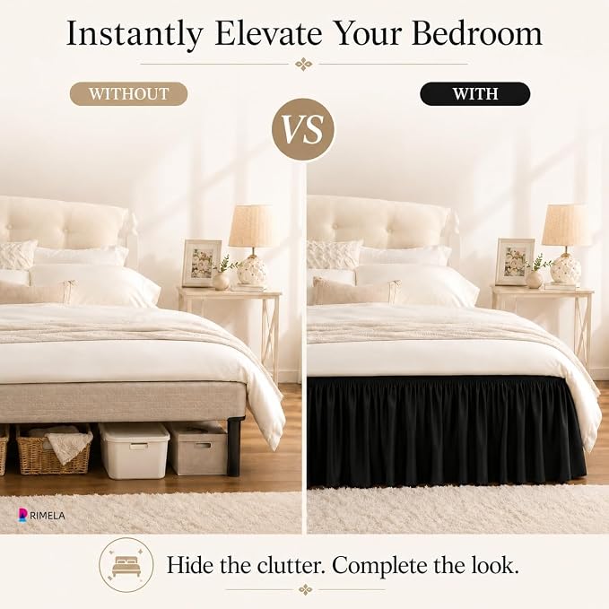Black Bed Skirt Full Size 18 Inch Drop, Elastic Wrap Around Bedskirt | Solid Ruffled, Easy to Use, No Mattress Lifting, Wrinkle & Fade Resistant, with Adhesive Strips, Machine Wash/Dry/Iron