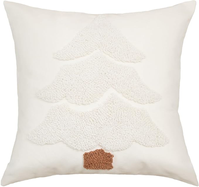 GEEORY Christmas Pillow Covers 18x18 Inch, Canvas Embroidered Xmas Tree Throw Pillows Farmhouse Winter Holiday Decor Cushion Case for Sofa & Bed Home Decorations (Beige) GX004-1-18