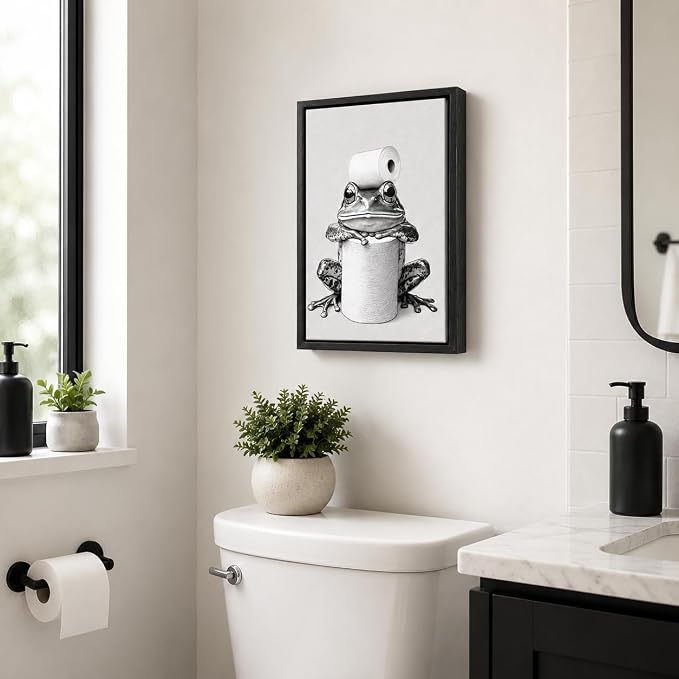 Framed Funny Bathroom Wall Art, Frog Toilet Paper Canvas Print, Minimalist Black and White Humor Bathroom Animal Decor for Restroom Toilet 12x16in