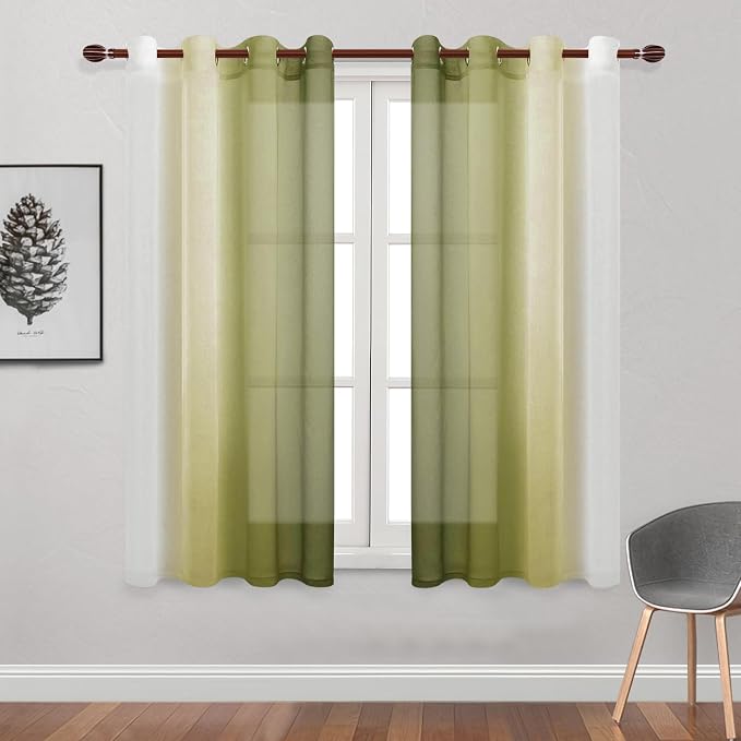 DWCN Faux Linen Ombre Sheer Curtains - Semi Voile Gradient Sheer Curtains Bedroom and Living Room Drapes, Set of 2 Grommet Top Window Curtain Panels, 52 x 72 Inch Length, Olive Green