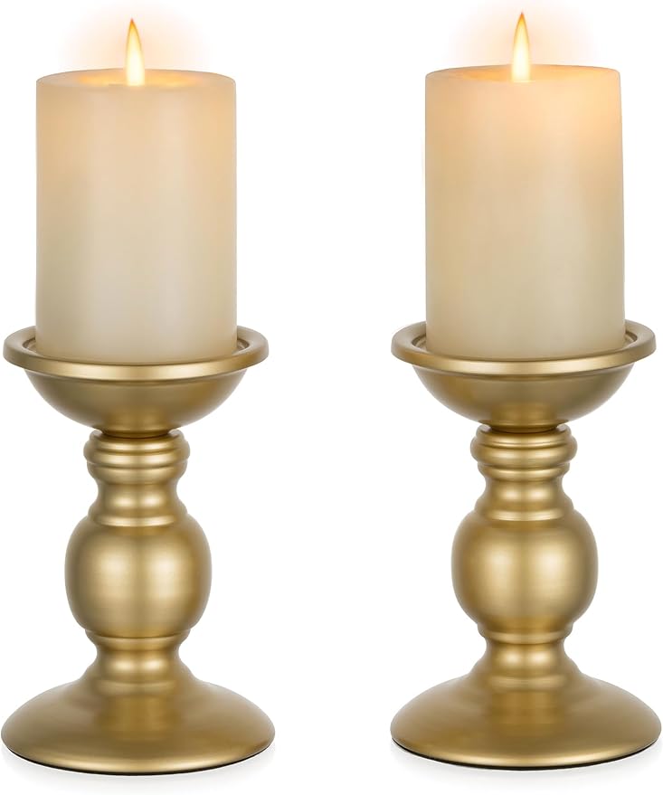 NUPTIO Gold Pillar Candle Holders: Brass Table Centerpiece for 3" Candles