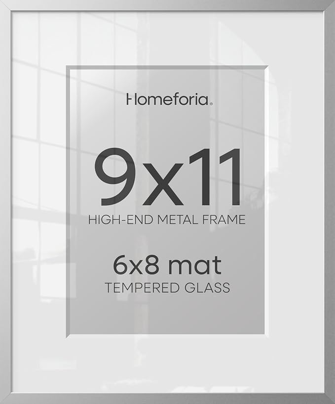 Homeforia 9x11 Silver Picture Frame, High-End Metal, 6x8 Mat, Glass