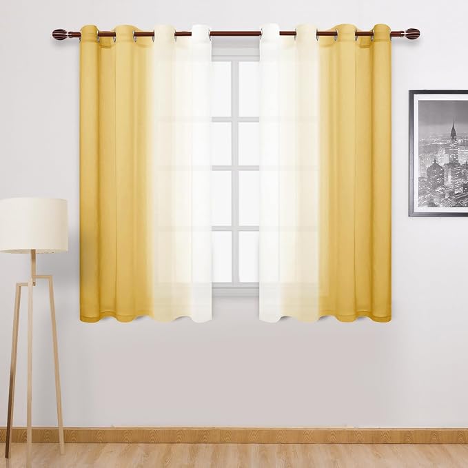 DWCN Ombre Short Sheer Curtains - Faux Linen Semi Voile Gradient Light-Filtering Bedroom and Living Room Curtains, Set of 2 Grommet Top Window Drape Panels, 52 x 54 Inch Length, Mustard Yellow