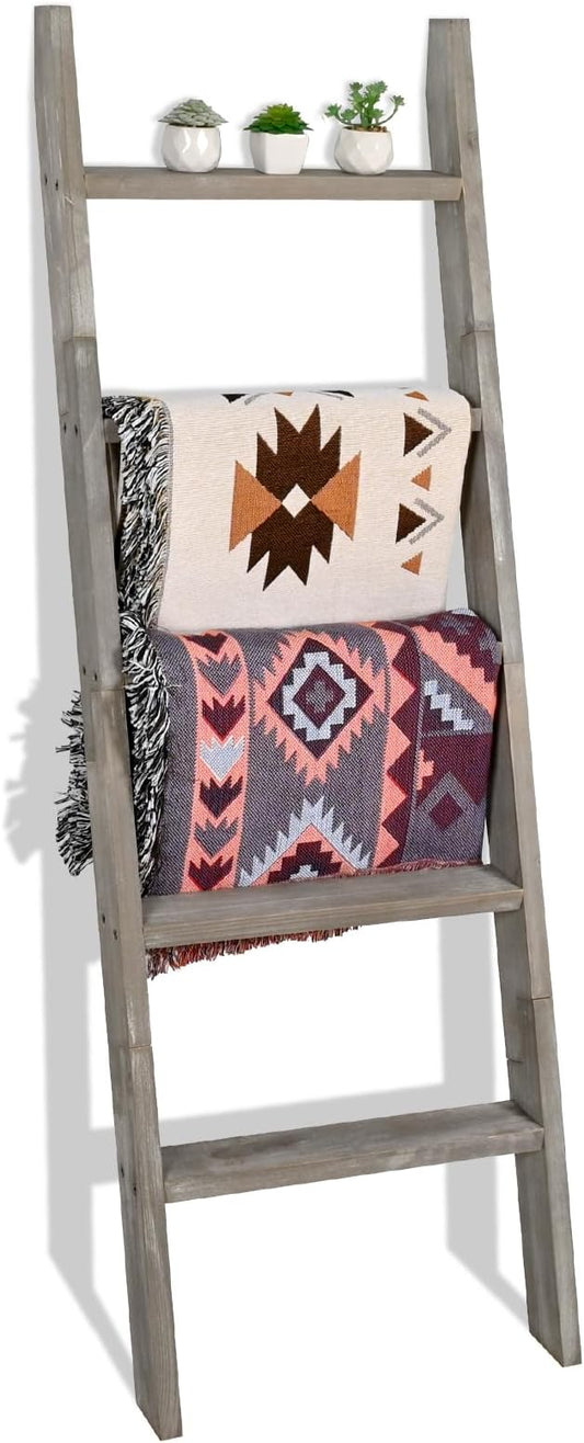 FUIN Blanket Ladder, 5ft Rectangle Rung Rustic Solid Wood Decor Rack, Grey | 5 rungs, farmhouse quilt display holder, showcase picture frames or plants, leaning wall, bathroom and living room use