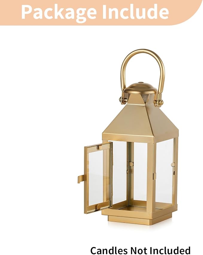 NUPTIO Gold Lanterns Decorative Outdoor, 8.6 Inch Lantern with Glass