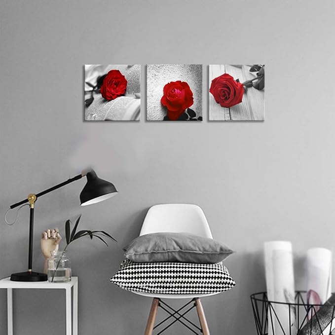 NAN Wind 3 Pcs Modern Canvas Painting Black and White Red Rose Canvas Art Abstract Wall Art Decorations Flower Picture on Canvas for Home Decor (14X14inchX3Pcs, B-Rose)