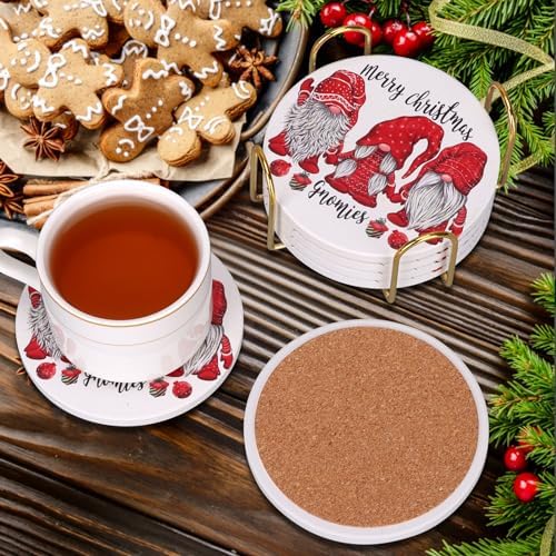 6 Pcs Ceramic Christmas Gnome Coasters With Holder - Best Round Absorbent Drink Coasters Gift for Xmas Holiday Bar - Coffee Cup Farmhouse Table Decorative Set