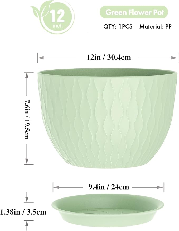 WSMKSZ 12 Inch Large Plant Pots for Indoor or Outdoor Plants, Wide Water Ripples Flower Pots with Drainage Holes & Saucer, Plastic Planters Set for Garden & Home Decor (Green)