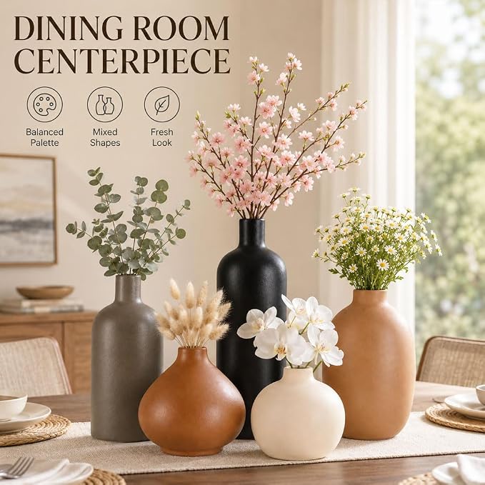 Ceramic Vase Set of 5, Modern Vases Home Decor, Neutral Decorative Vases for Pampas Grass Dried Fresh Flowers, Small Vase Set for Living Room Kitchen Bedroom Bathroom Entryway Mantel Decor